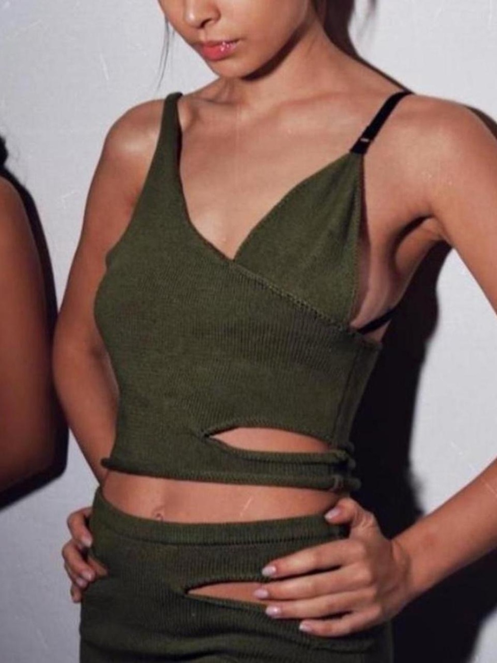 Olive Green Ribbed Cutout Cropped Camisole